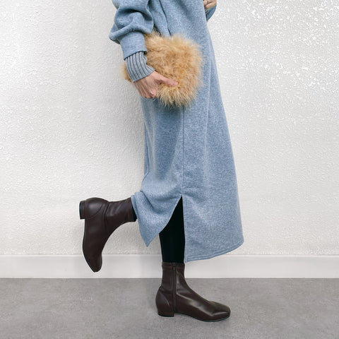 60%OFF:スクエアトゥ ストレッチフラットブーツ(3376)ダークブラウン/mamian(マミアン)