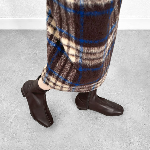 60%OFF:スクエアトゥ ストレッチフラットブーツ(3376)ダークブラウン/mamian(マミアン)