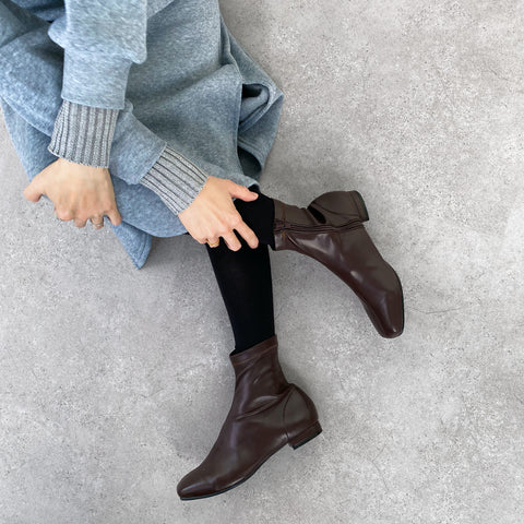 60%OFF:スクエアトゥ ストレッチフラットブーツ(3376)ダークブラウン/mamian(マミアン)