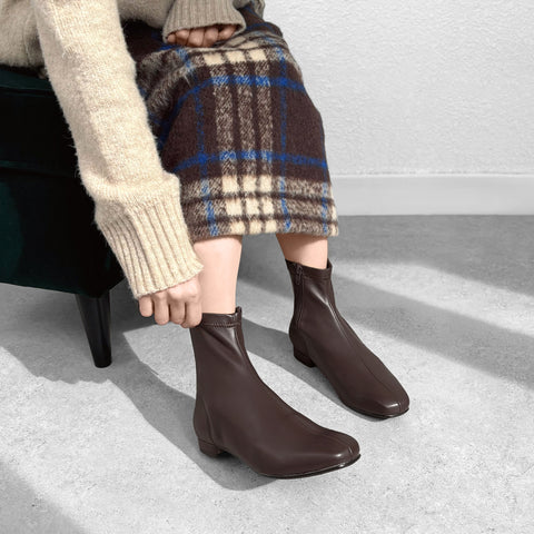 60%OFF:スクエアトゥ ストレッチフラットブーツ(3376)ダークブラウン/mamian(マミアン)