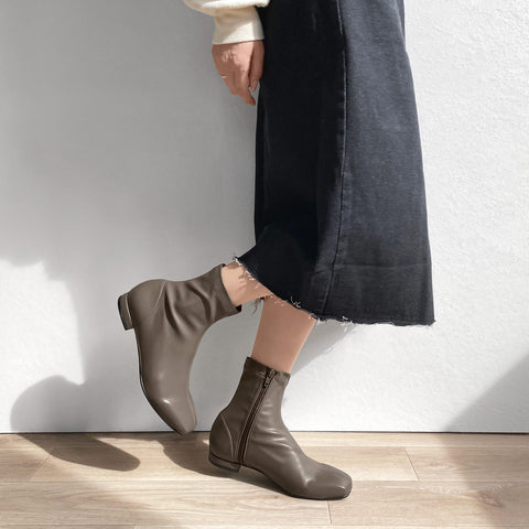 60%OFF:スクエアトゥ ストレッチフラットブーツ(3376)グレージュ/mamian(マミアン)