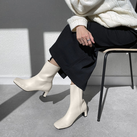 60%OFF:ワイドスクエアトゥ ショートブーツ(5400)エクリュ/mamian(マミアン)