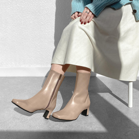 60%OFF:ワイドスクエアトゥ ショートブーツ(5400)グレージュ/mamian(マミアン)