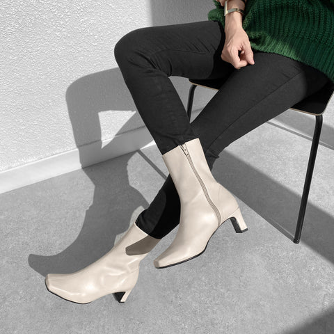 60%OFF:ワイドスクエアトゥ ショートブーツ(5400)ライトグレージュ/mamian(マミアン)