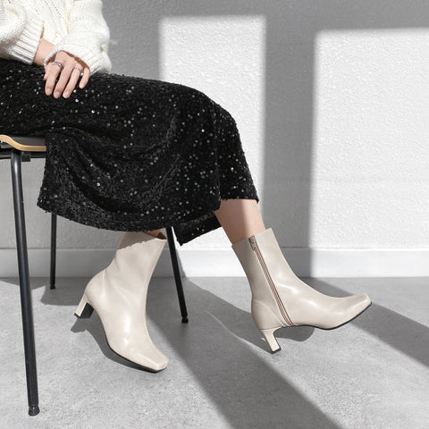 60%OFF:ワイドスクエアトゥ ショートブーツ(5400)ライトグレージュ/mamian(マミアン)