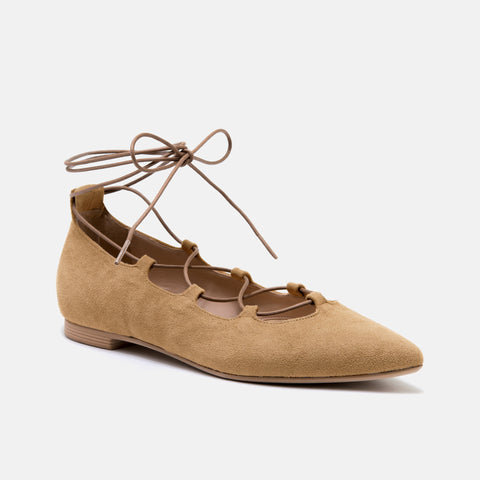 50%OFF:レースアップ ポインテッドトゥ フラットシューズ(130-16ss2)キャメルスエード/mamian(マミアン)