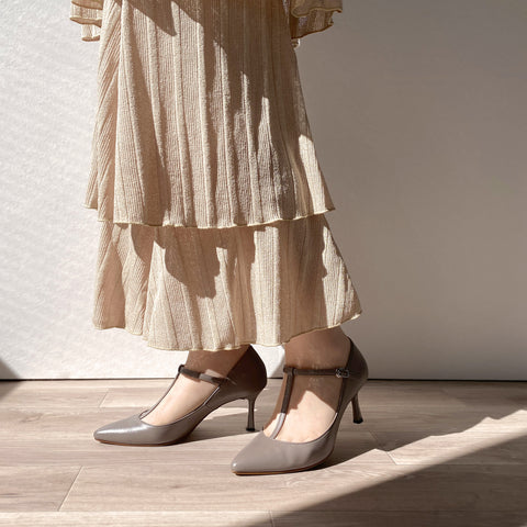 15%OFF:Tストラップ パンプス 7cmヒール(m72003)グレージュ/mamian(マミアン)