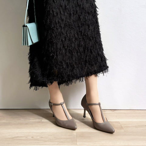 15%OFF:Tストラップ パンプス 7cmヒール(m72003)グレージュ/mamian(マミアン)