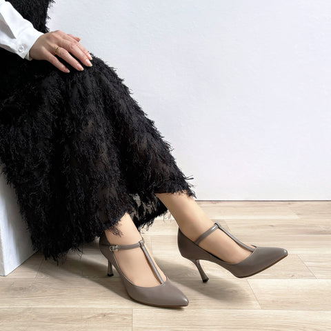 15%OFF:Tストラップ パンプス 7cmヒール(m72003)グレージュ/mamian(マミアン)