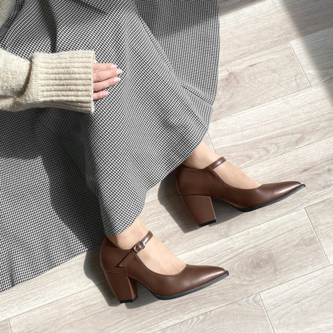 15%OFF:チャンキーヒール メリージェーンパンプス(m72013)ブラウン/mamian(マミアン)