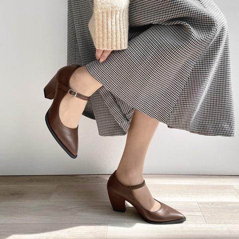 15%OFF:チャンキーヒール メリージェーンパンプス(m72013)ブラウン/mamian(マミアン)