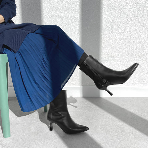 50%OFF:7.0cmヒール ポインテッドトゥ ショートブーツ(m72016)ブラック/mamian(マミアン)