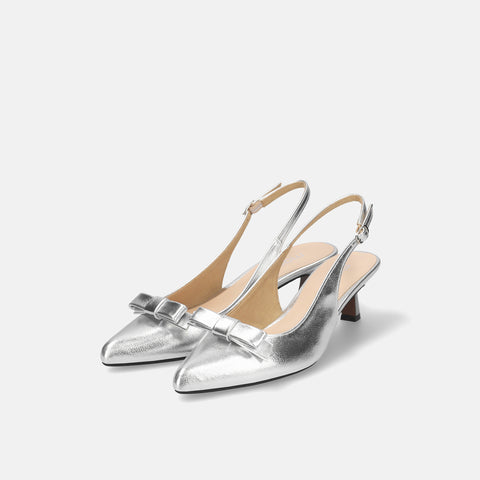 ラストワン30%OFF:2025SS:リボン付き バックストラップ パンプス(m45017)シルバー/mamian(マミアン)