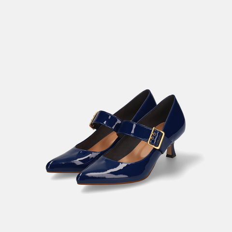 ラストワン15%OFF:ワイドベルト ポインテッドトゥ パンプス(m55210)ブルーE/mamian(マミアン)
