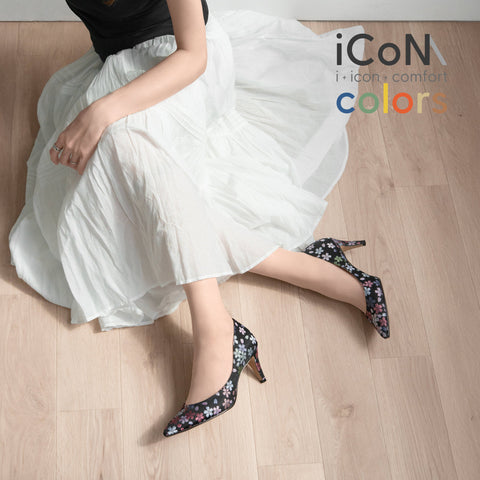 15%OFF:2025SS:iCoN COLORS:ポインテッドトゥ 和柄 パンプス(C76536)ブラック桜/mamian(マミアン)