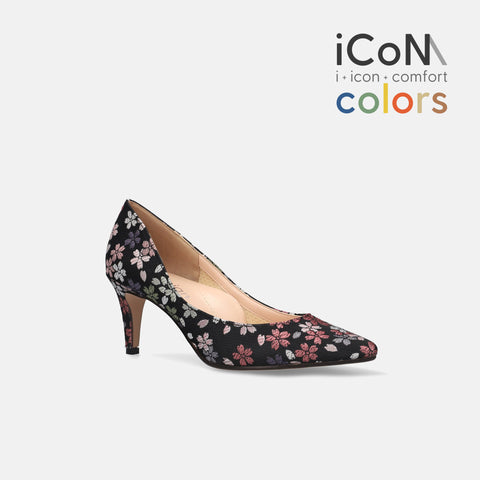 15%OFF:2025SS:iCoN COLORS:ポインテッドトゥ 和柄 パンプス(C76536)ブラック桜/mamian(マミアン)