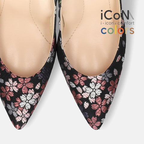15%OFF:2025SS:iCoN COLORS:ポインテッドトゥ 和柄 パンプス(C76536)ブラック桜/mamian(マミアン)