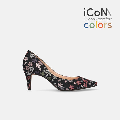 15%OFF:2025SS:iCoN COLORS:ポインテッドトゥ 和柄 パンプス(C76536)ブラック桜/mamian(マミアン)