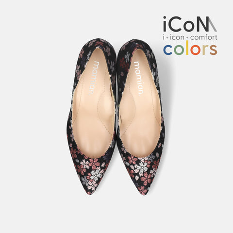 15%OFF:2025SS:iCoN COLORS:ポインテッドトゥ 和柄 パンプス(C76536)ブラック桜/mamian(マミアン)