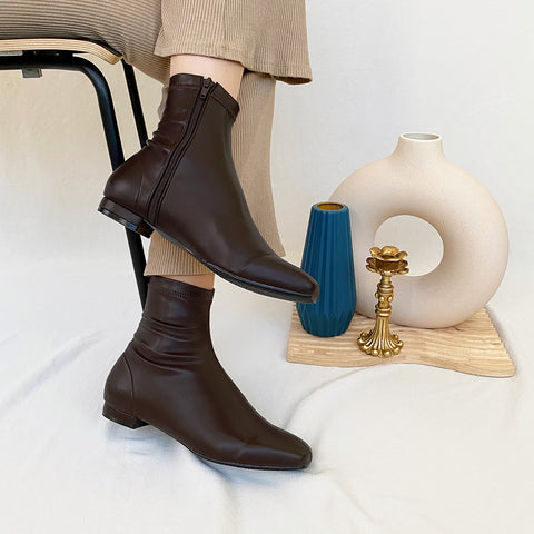 60%OFF:スクエアトゥ ストレッチフラットブーツ(3376)ダークブラウン/mamian(マミアン)