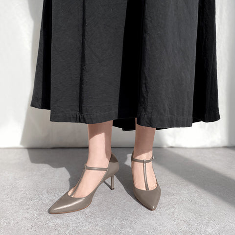 15%OFF:Tストラップ パンプス 7cmヒール(m72003)グレージュ/mamian(マミアン)