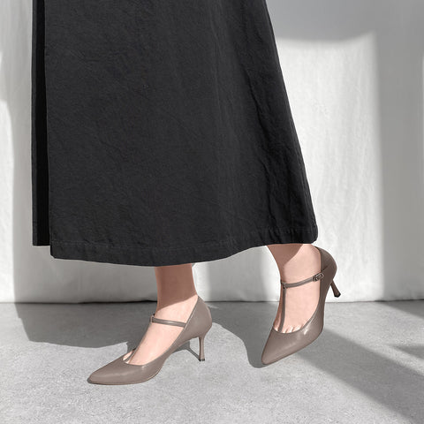 15%OFF:Tストラップ パンプス 7cmヒール(m72003)グレージュ/mamian(マミアン)